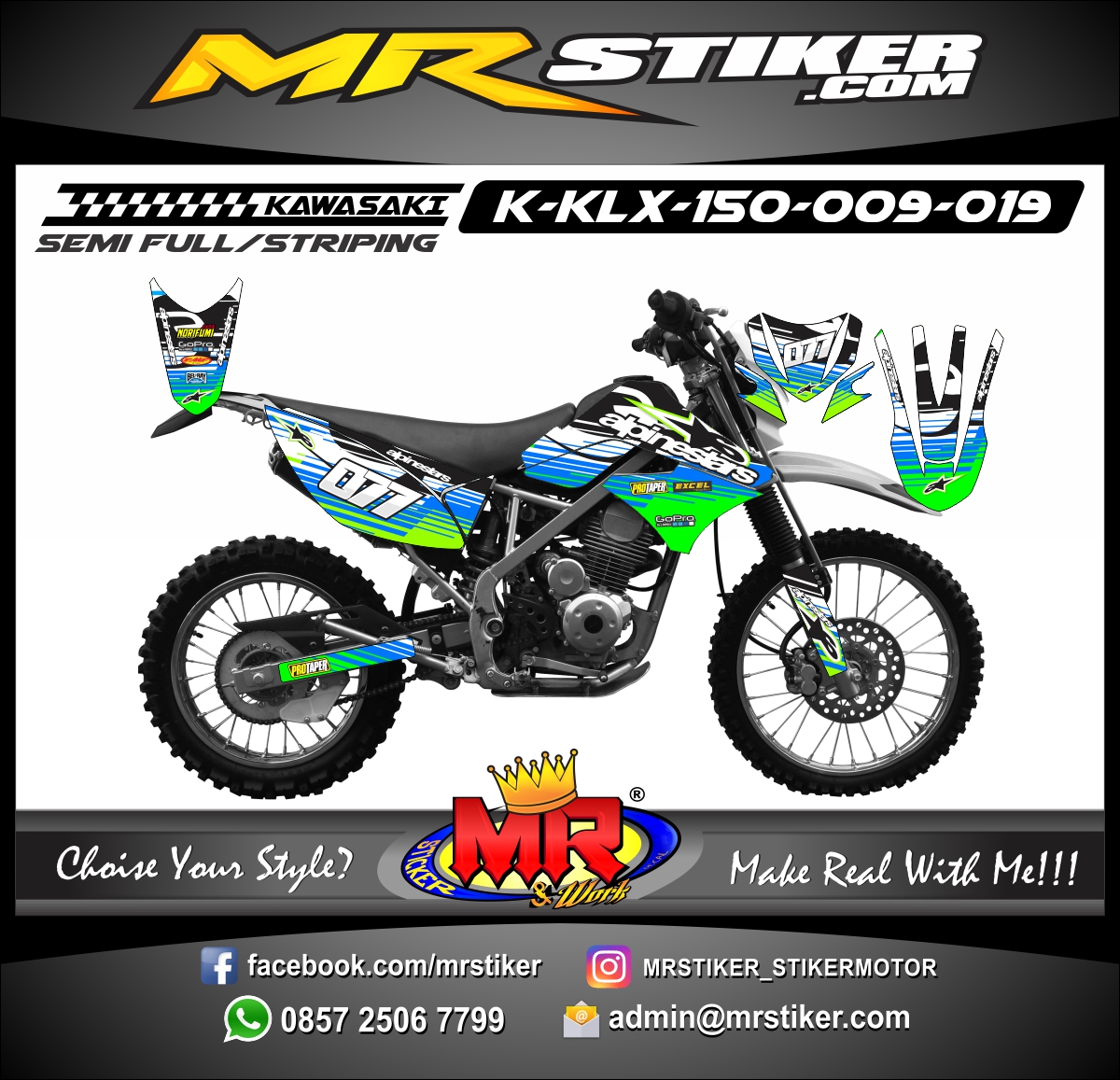  Stiker  motor  decal KLX  150 Alpinestars Green line blue 