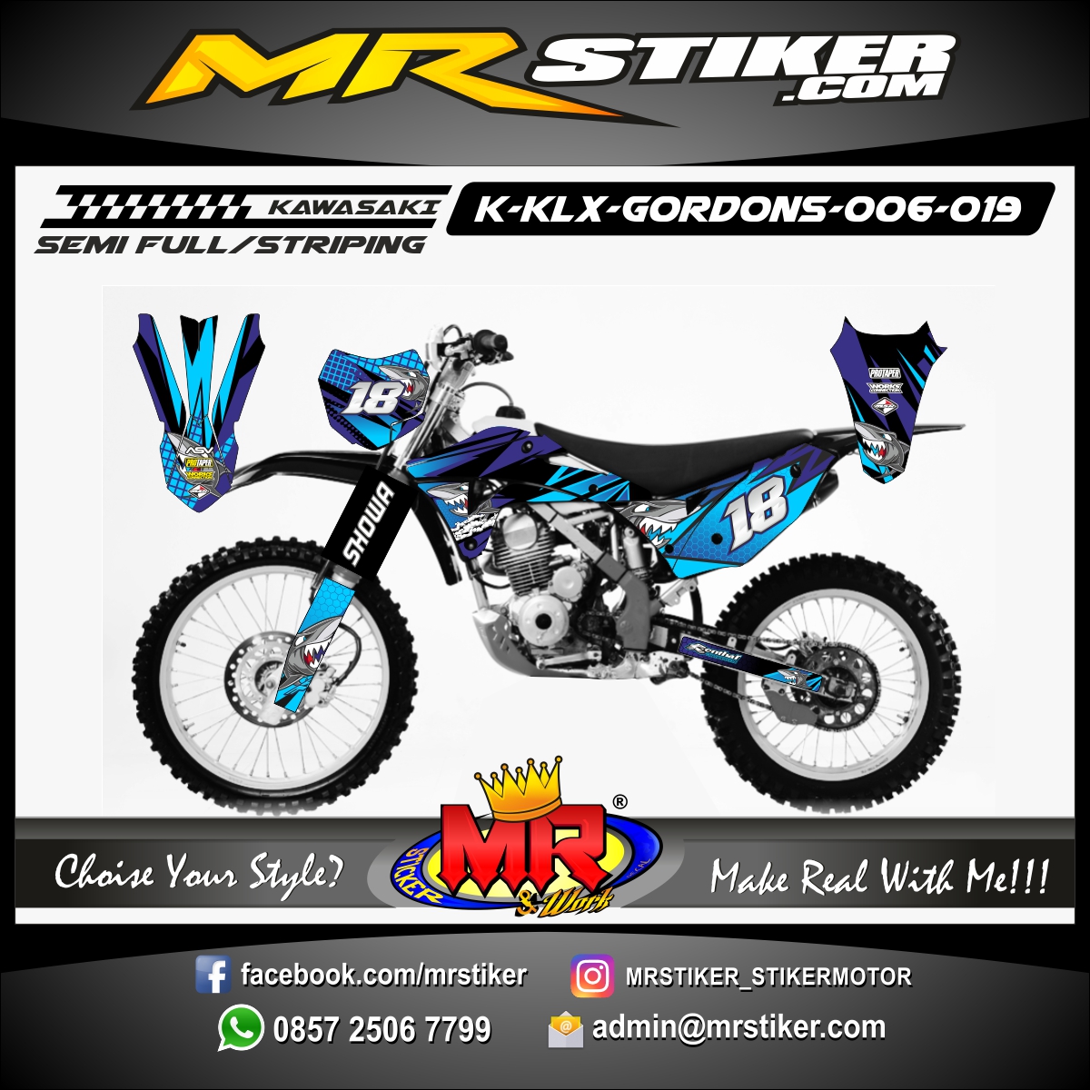  Stiker  motor  decal KLX  GORDONS Blue Shark Carbon stiker  