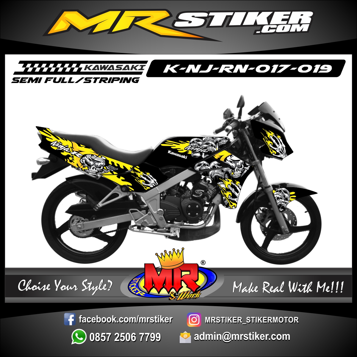  Stiker  motor  decal Ninja  R  New Skull Splat Yellow stiker  