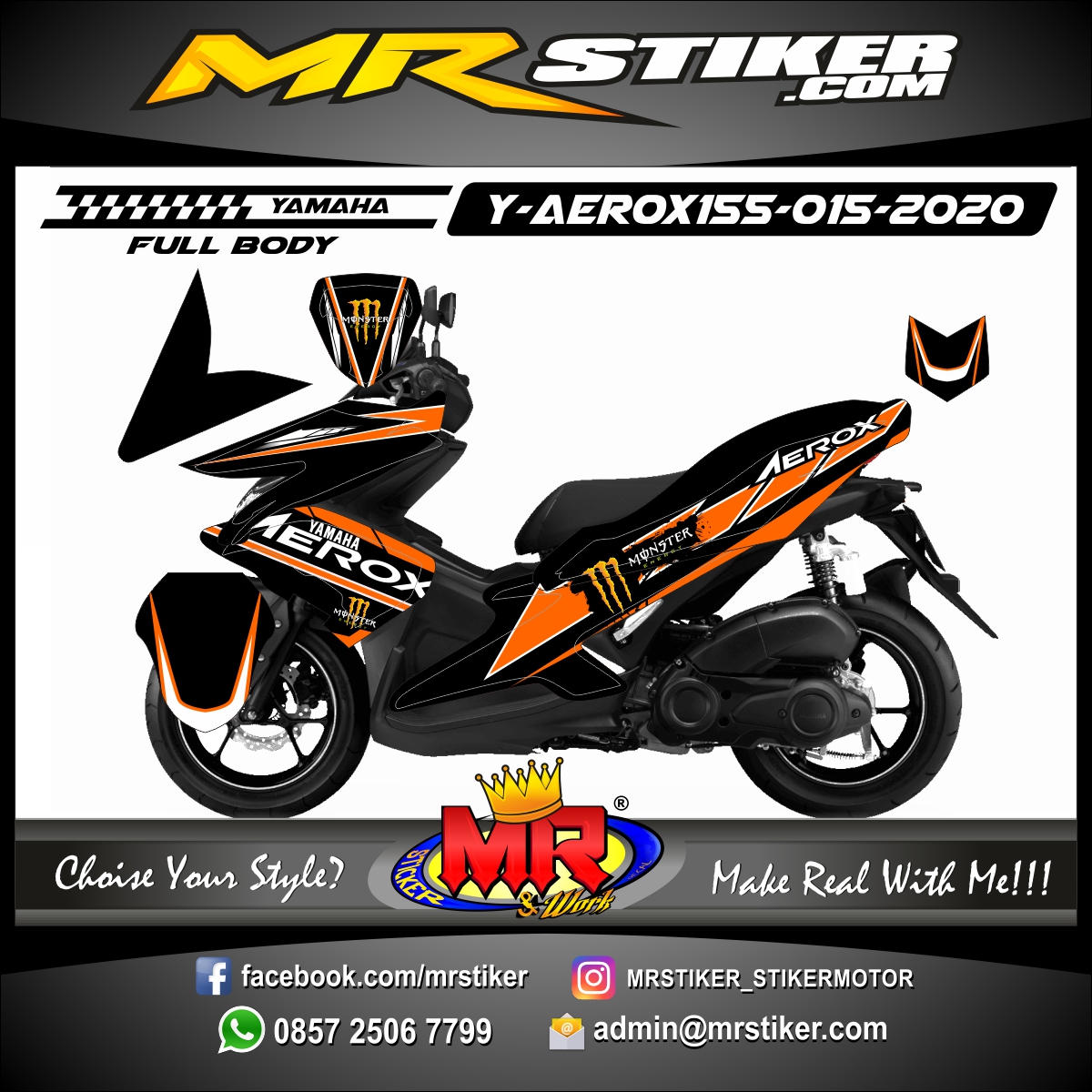 Stiker motor decal Yamaha Aerox 155 Orange Monster Energy (FULLBODY)