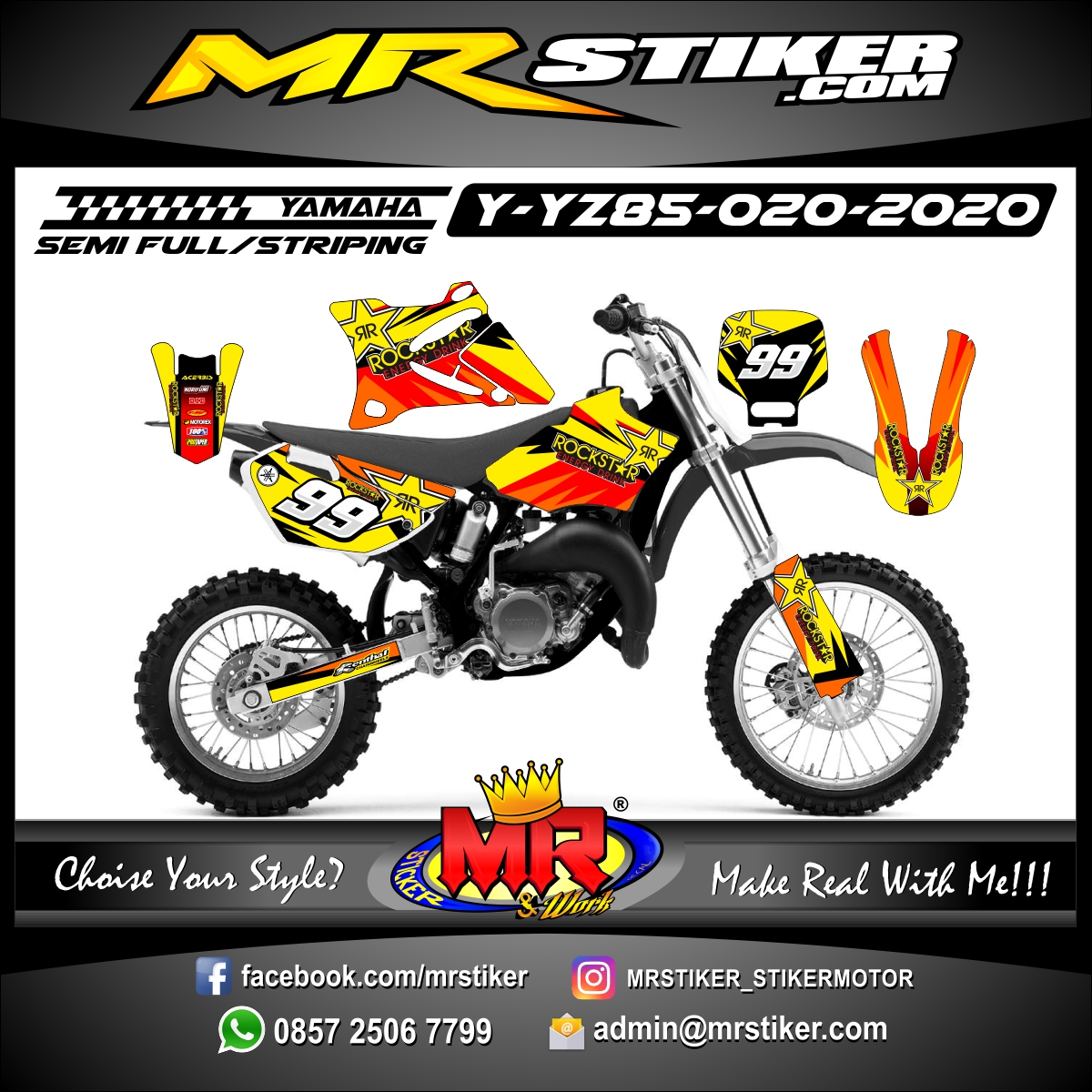 Stiker motor decal Yamaha YZ 85 Yellow Grafis Red Line Rockstar