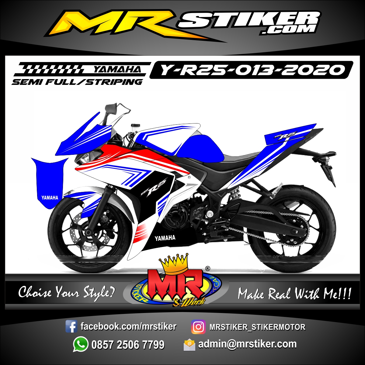 Stiker motor decal Yamaha R25 Blue White Grafis Curved Red