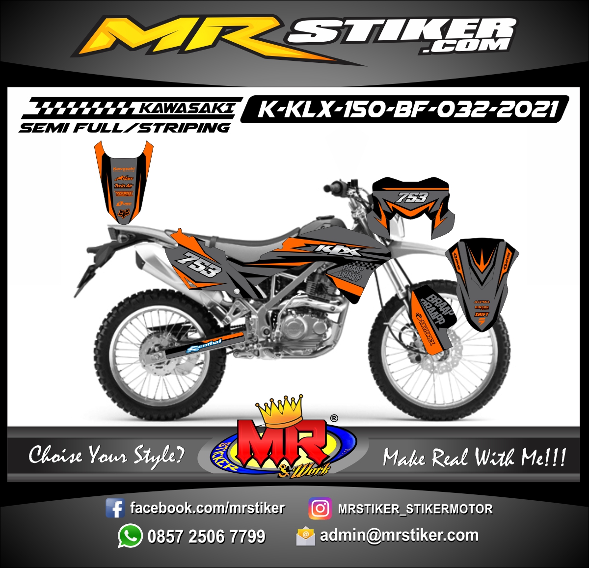 Stiker motor decal Kawasaki KLX 150 BF Orange Abu-Abu Braappp