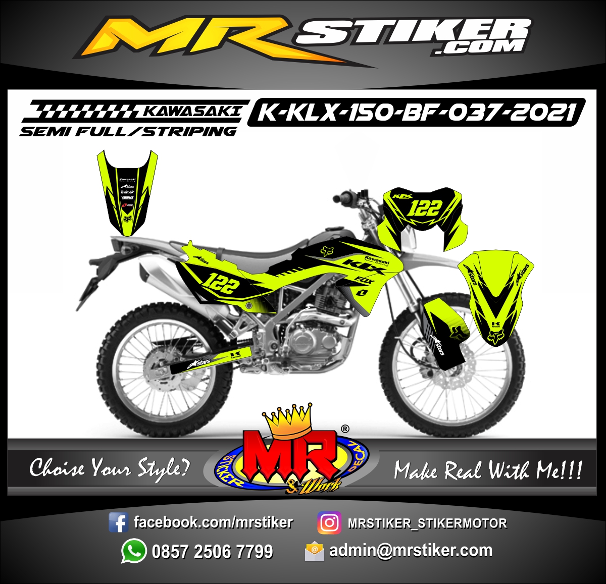 Stiker motor decal Kawasaki KLX 150 BF Yellow Stabillo Astars Fox