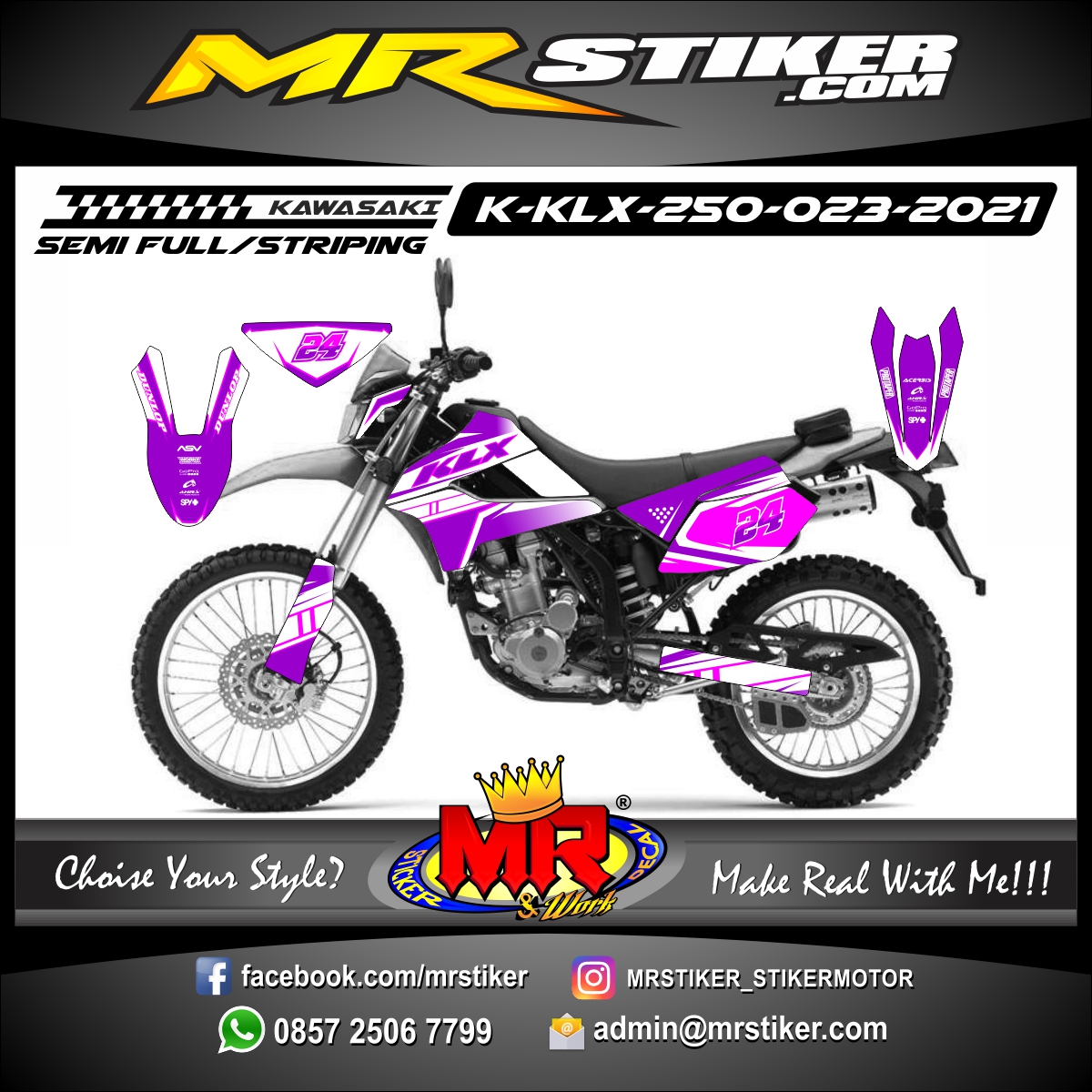 Stiker motor decal Kawasaki KLX 250 White Purple Grafis Line Speed Track