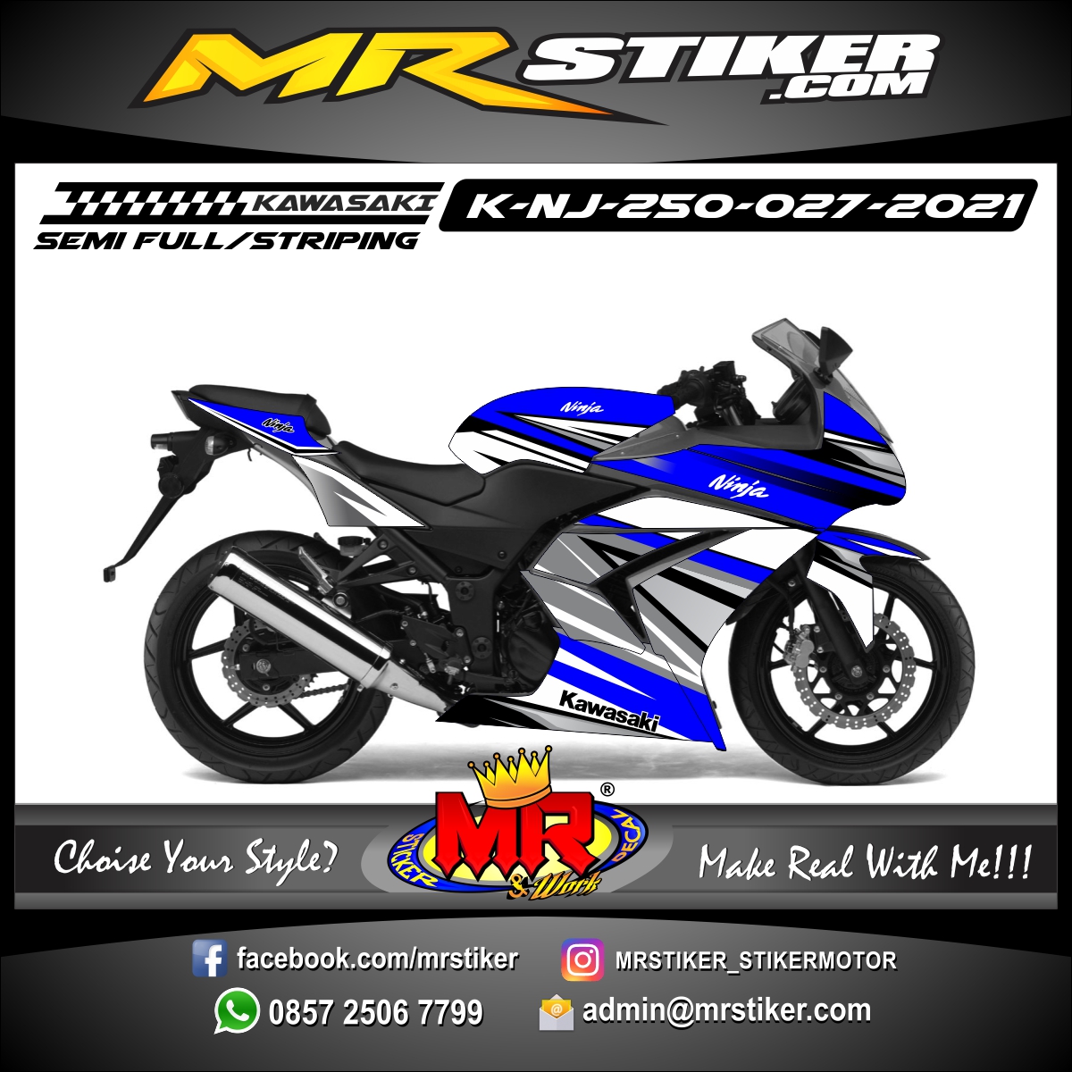 Stiker motor decal Kawasaki Ninja 250 Blue Line Race Grafis Elegan