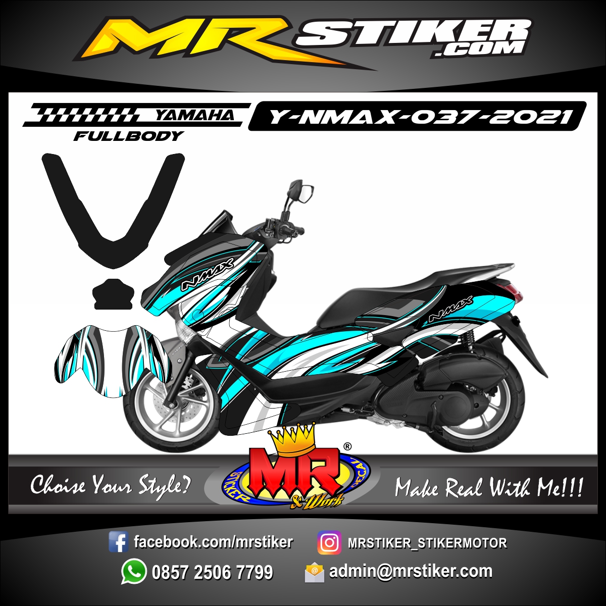 Stiker motor decal Yamaha NMAX White Blue Line Curved Swirl Graphic 