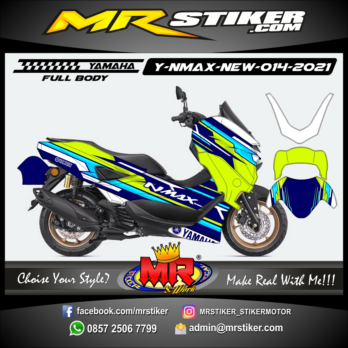 Stiker motor decal Yamaha NMAX New Navy Blue Body Color White Green Stabillo Line Graphic FullBody