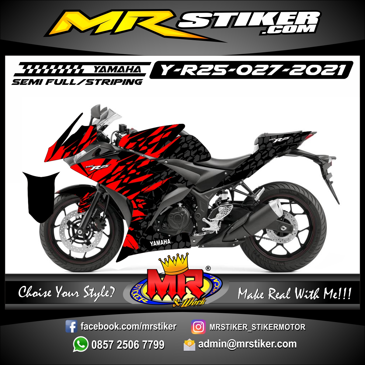 Stiker motor decal Yamaha R25 Red Crack Faded Graphics Grafis Carbon