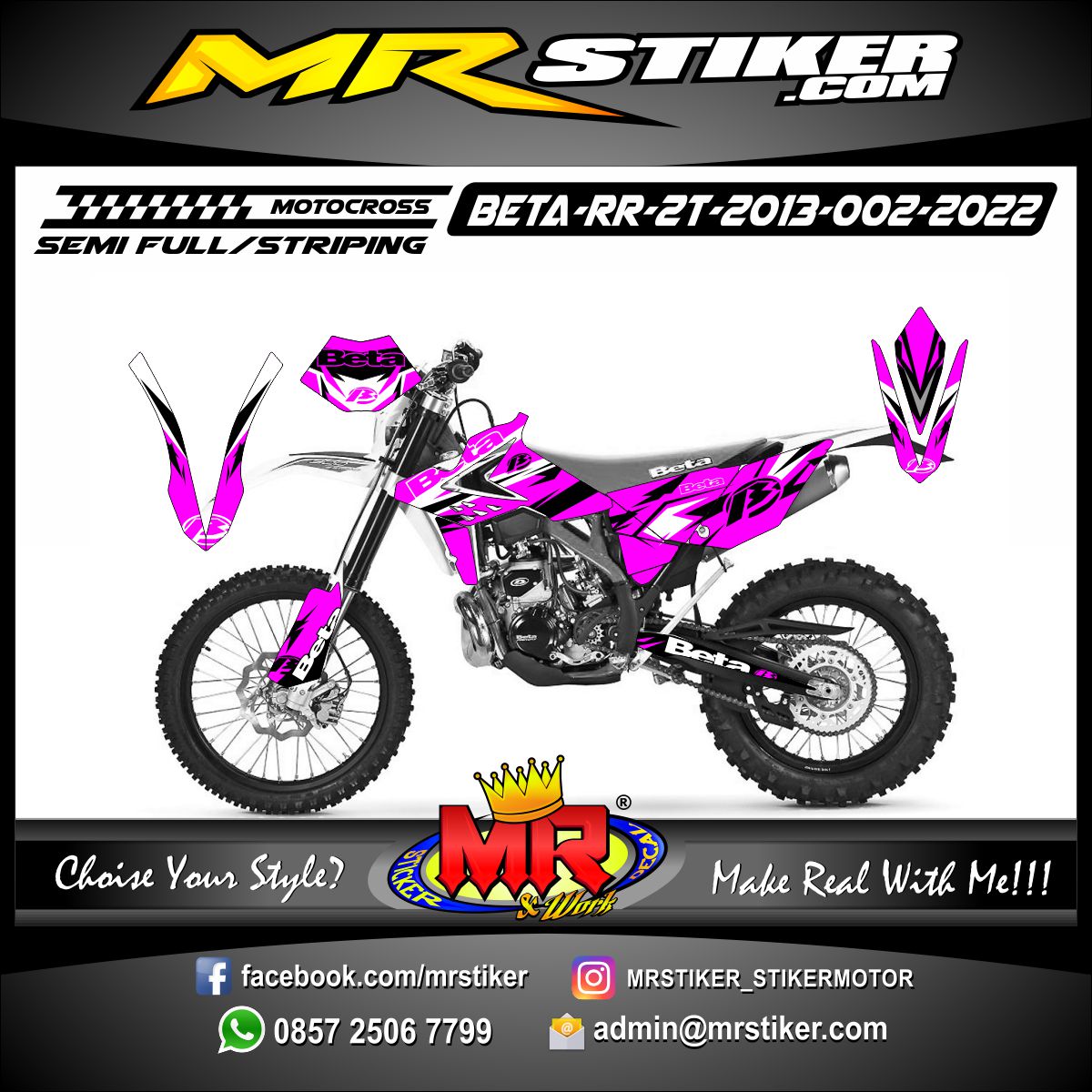 Stiker motor decal Motocross Beta RR 2T 2013 Wrap Line Abstrak Pink Stabillo Color