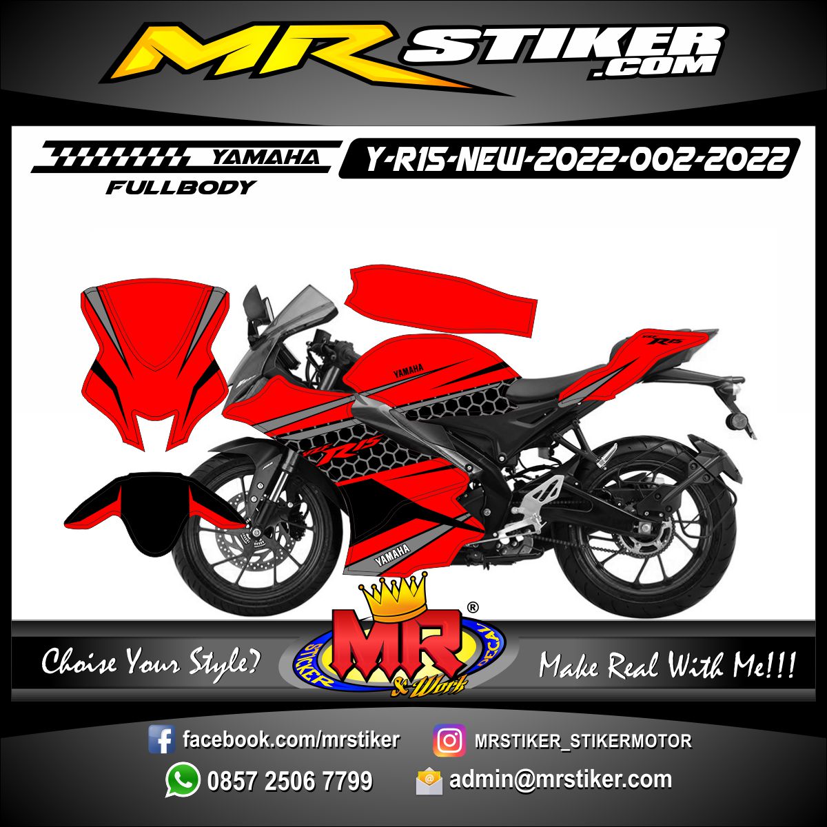 Stiker motor decal Yamaha R15 New 2022 FullBody Red Graphic Carbon Grey Sport