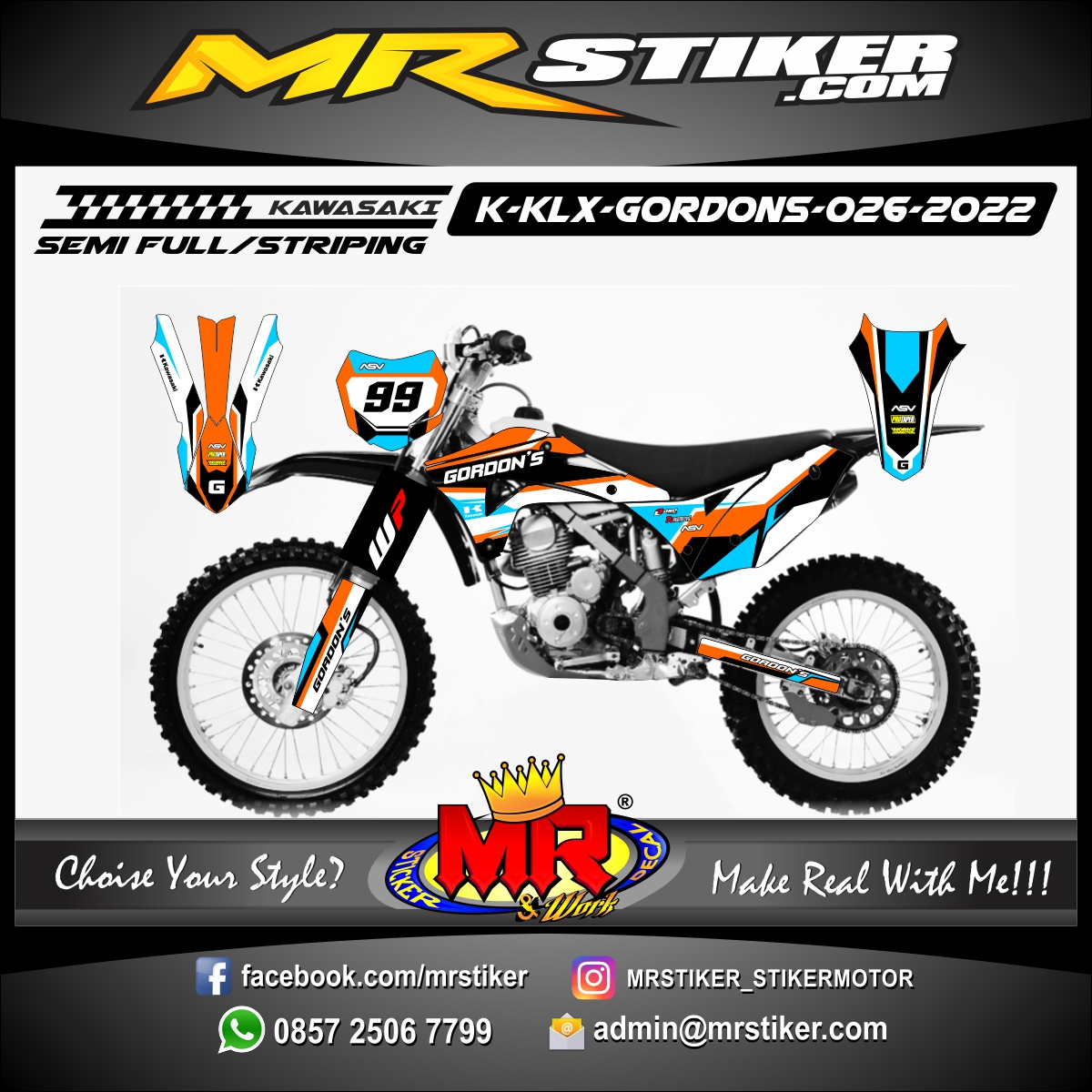 Stiker motor decal Kawasaki KLX GORDONS Orange Blue Graphic Line Motocross
