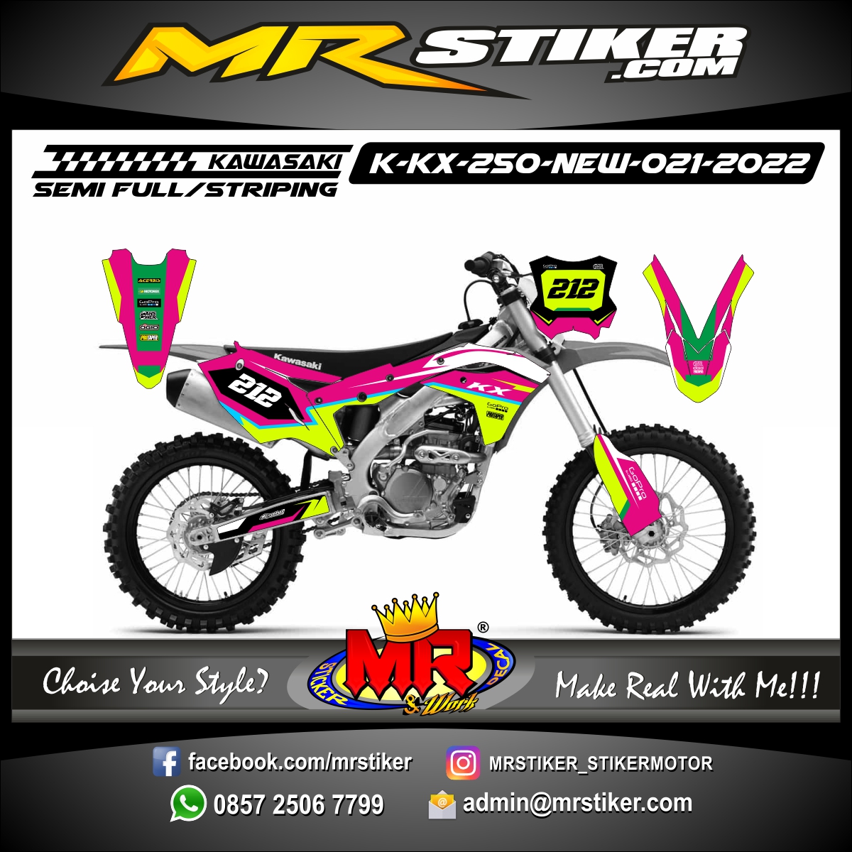 Stiker motor decal Kawasaki KX 250 New Decal Pink Kuning Stabillo Graphic Motocross