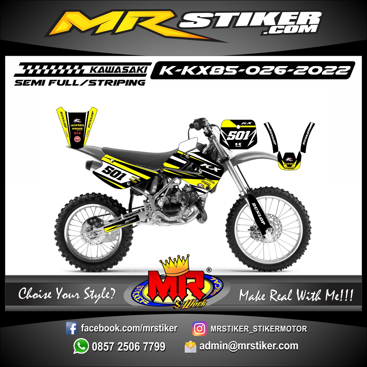 Stiker motor decal Kawasaki KX 85 Line Yellow Simple Grafis Motocross