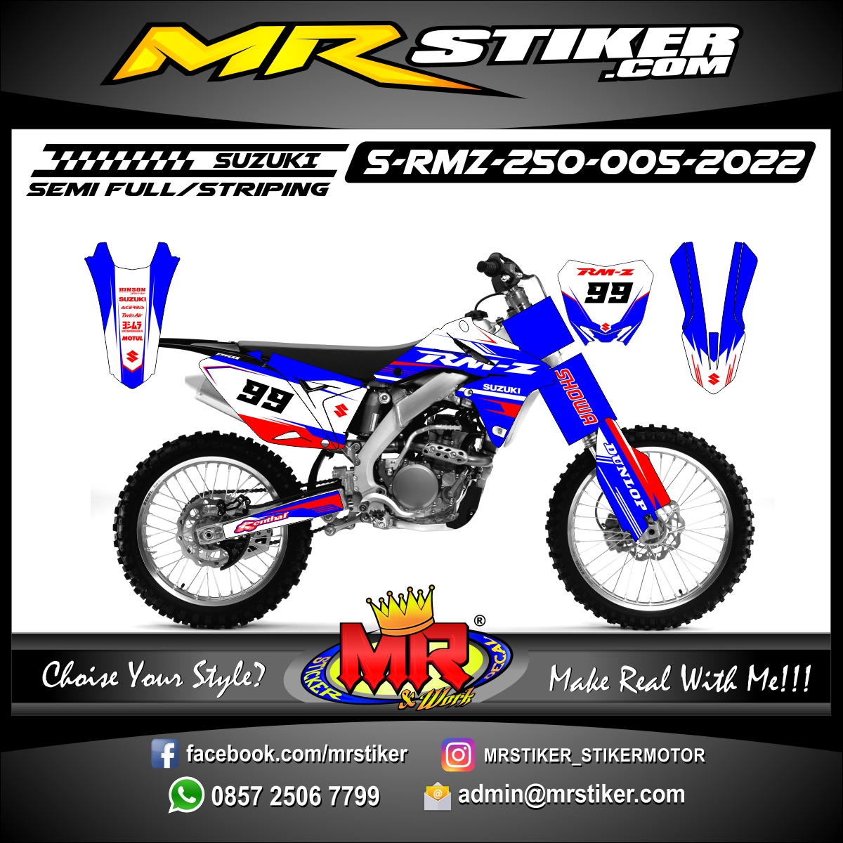 Stiker motor decal Suzuki RMZ 250 White Blue Grafis Red Motocross Decal Graphic