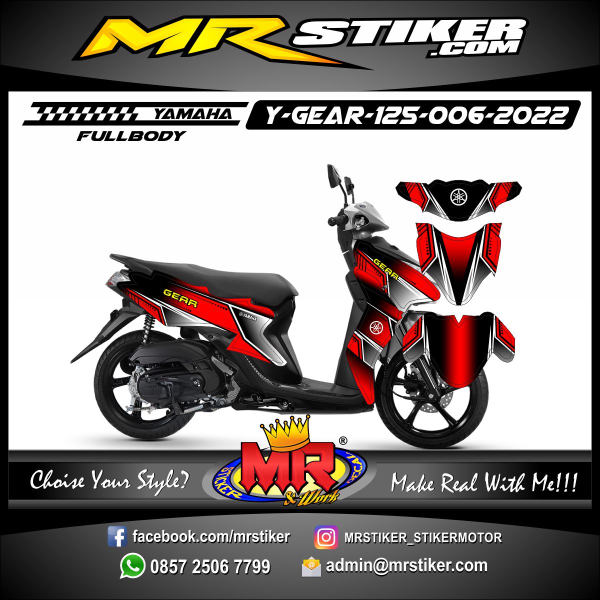 Stiker motor decal Yamaha Gear 125 FullBody Red Graphic Line Silver Mate Sporty