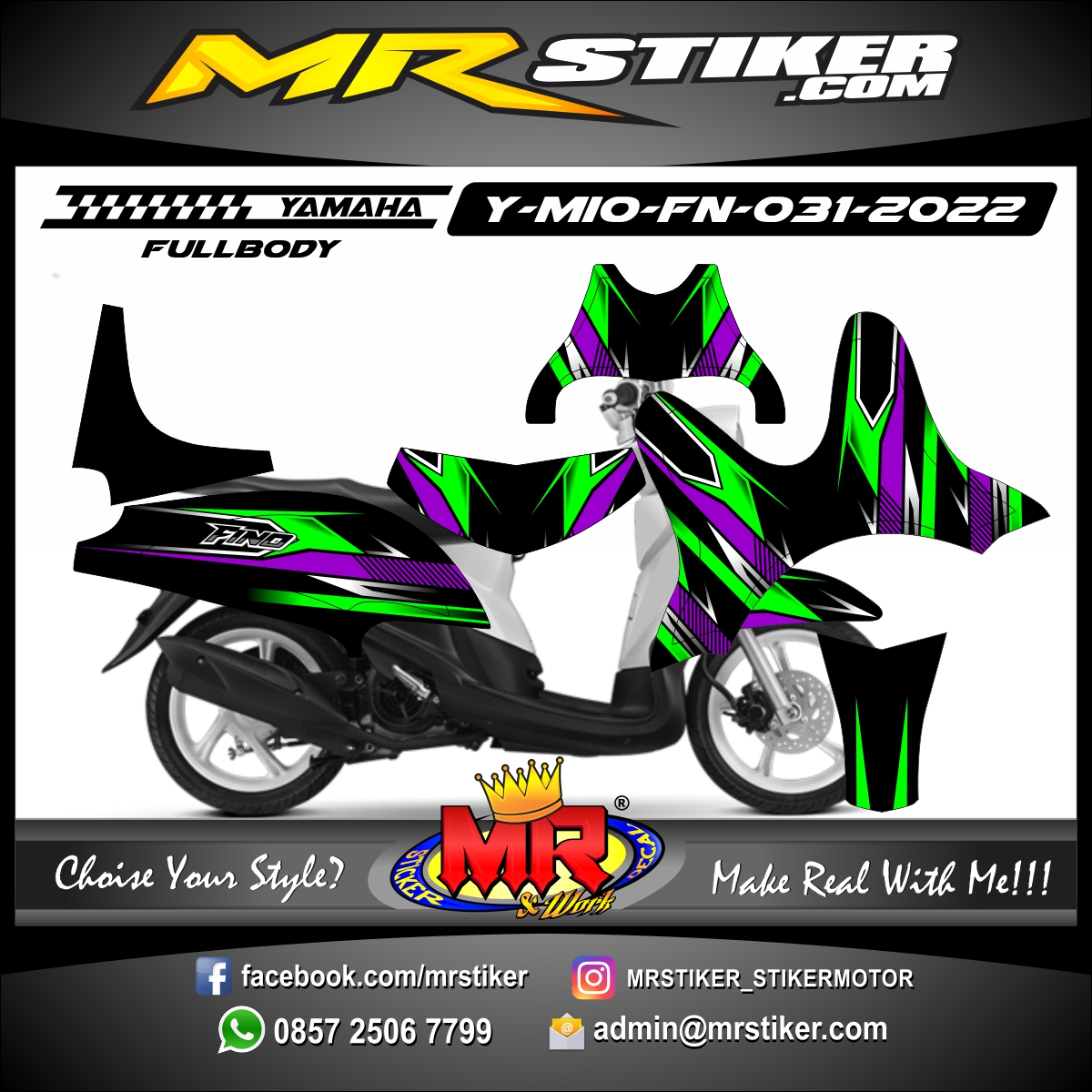 Stiker motor decal Yamaha Mio Fino Green Purple Graphic Line Racing Sporty FullBody