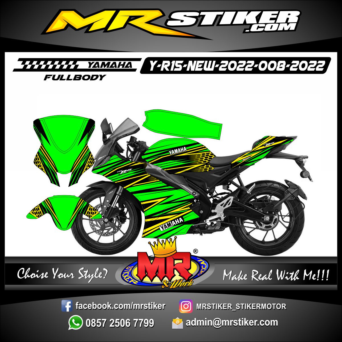 Stiker motor decal Yamaha R15 New 2022 FullBody Green Line Yellow Carbon Graphic Racing Sporty