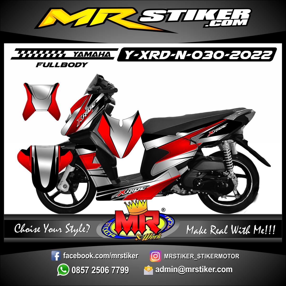 Stiker motor decal Yamaha X-RIDE New Red Graphic Line Silver Matte Race Fullbody
