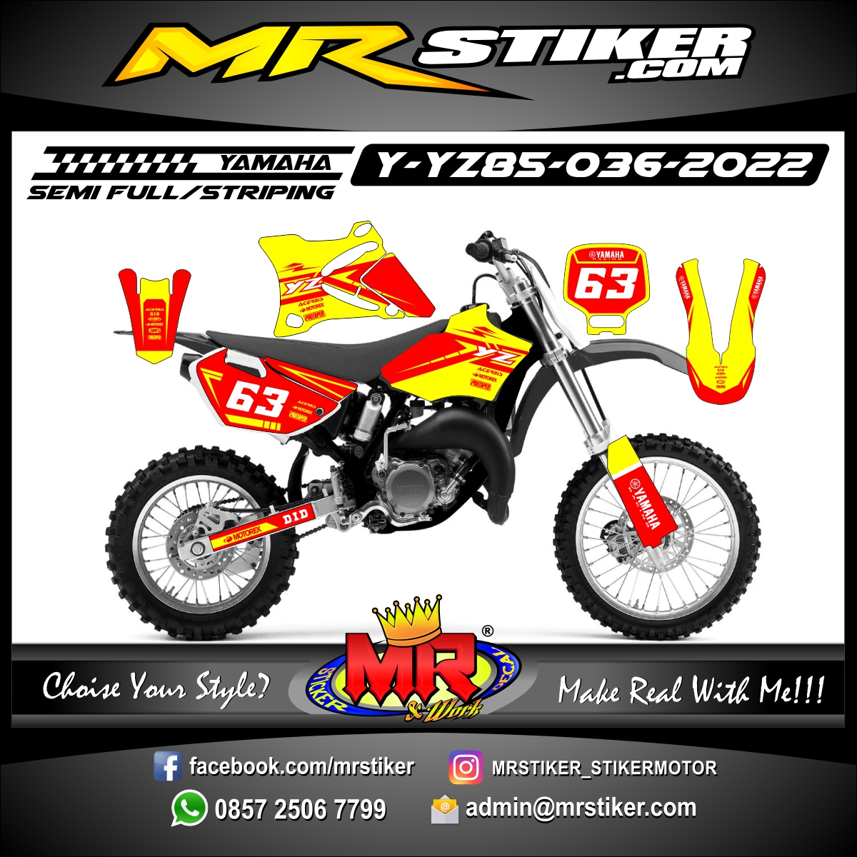 Stiker motor decal Yamaha YZ 85 Red Yellow Decal Racing Motocross Striping Decal