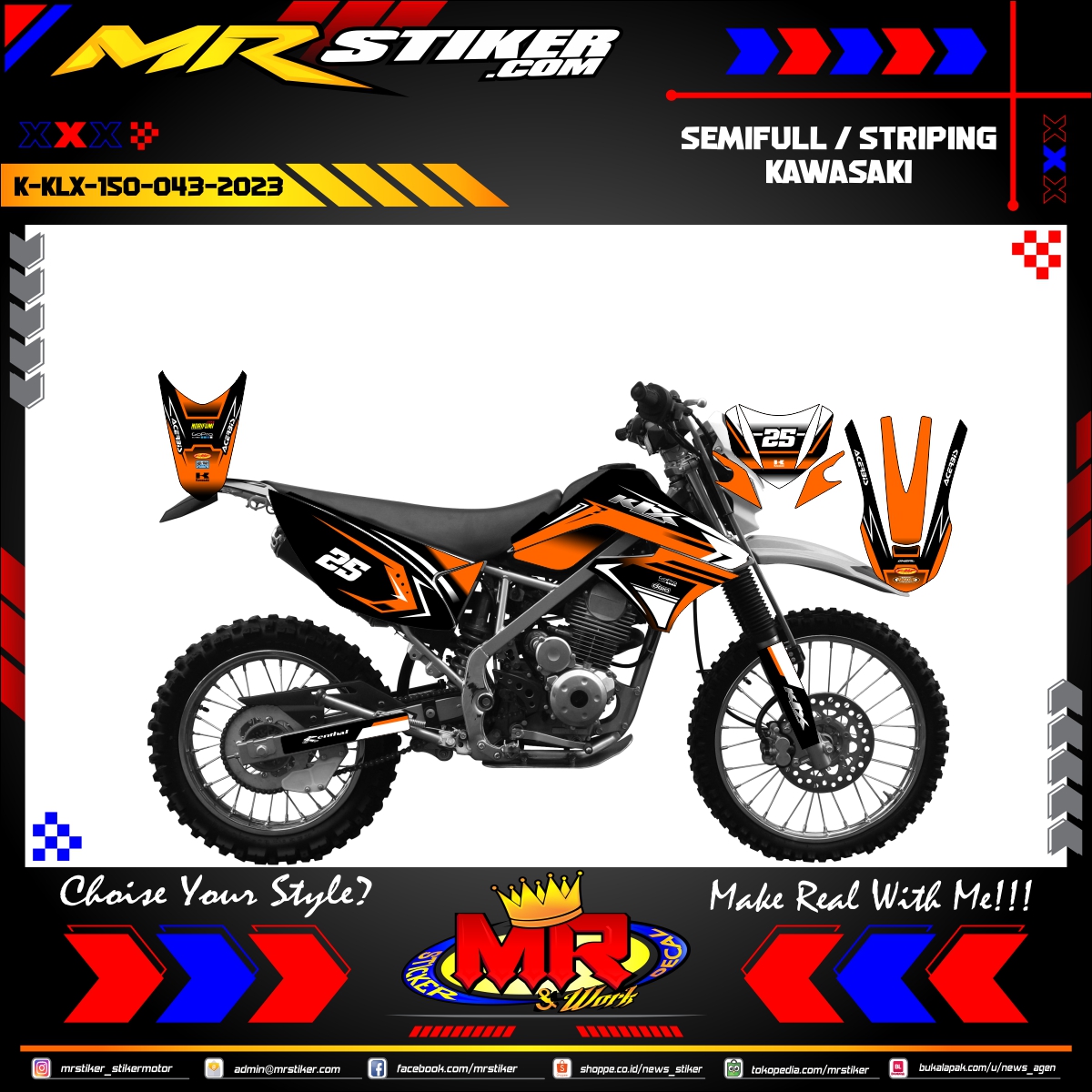 Stiker motor decal Kawasaki KLX 150 Orange WRap Sport Track Decal Motocross