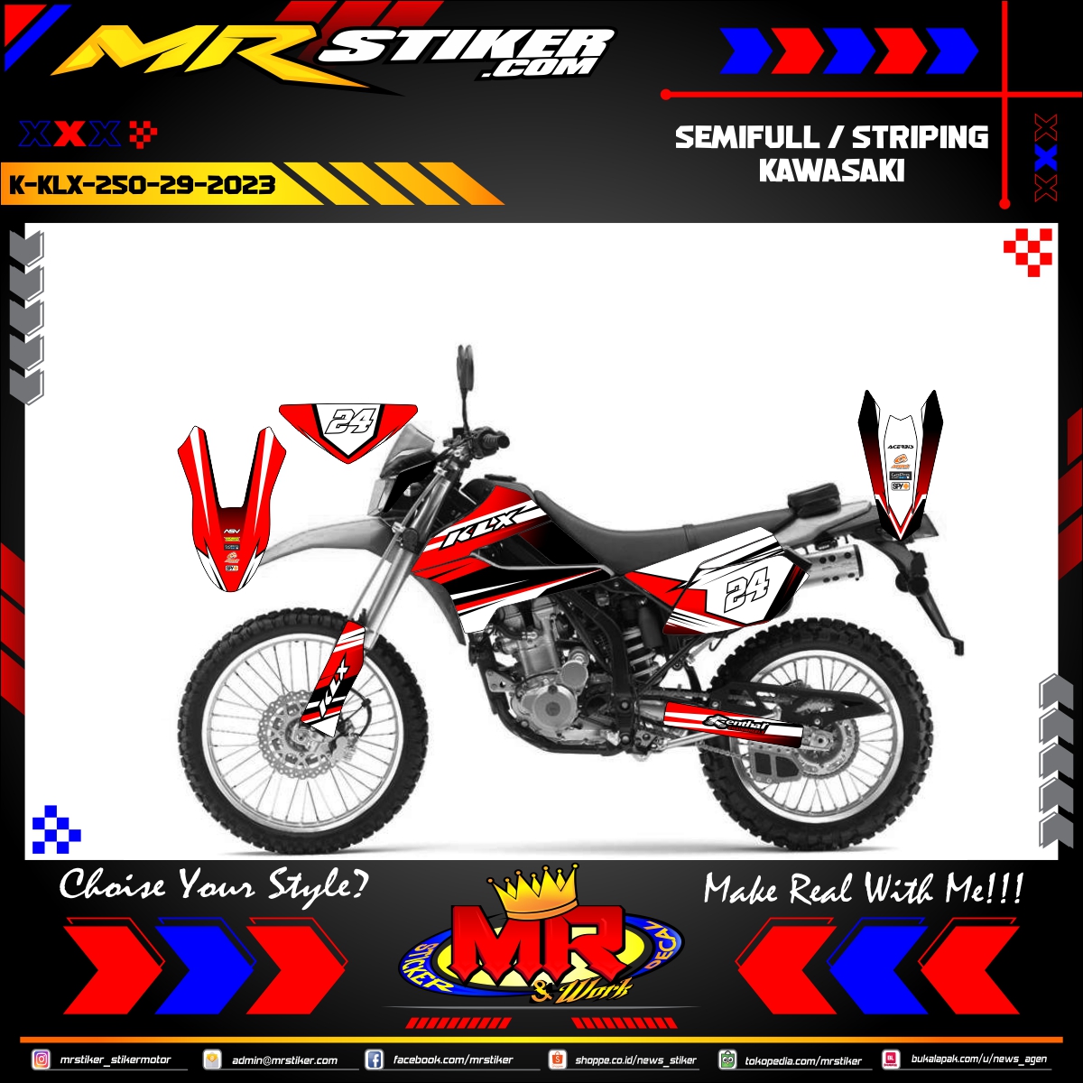 Stiker motor decal Kawasaki KLX 250 Red White Graphic Sport Tracker Decal Elegan Custom
