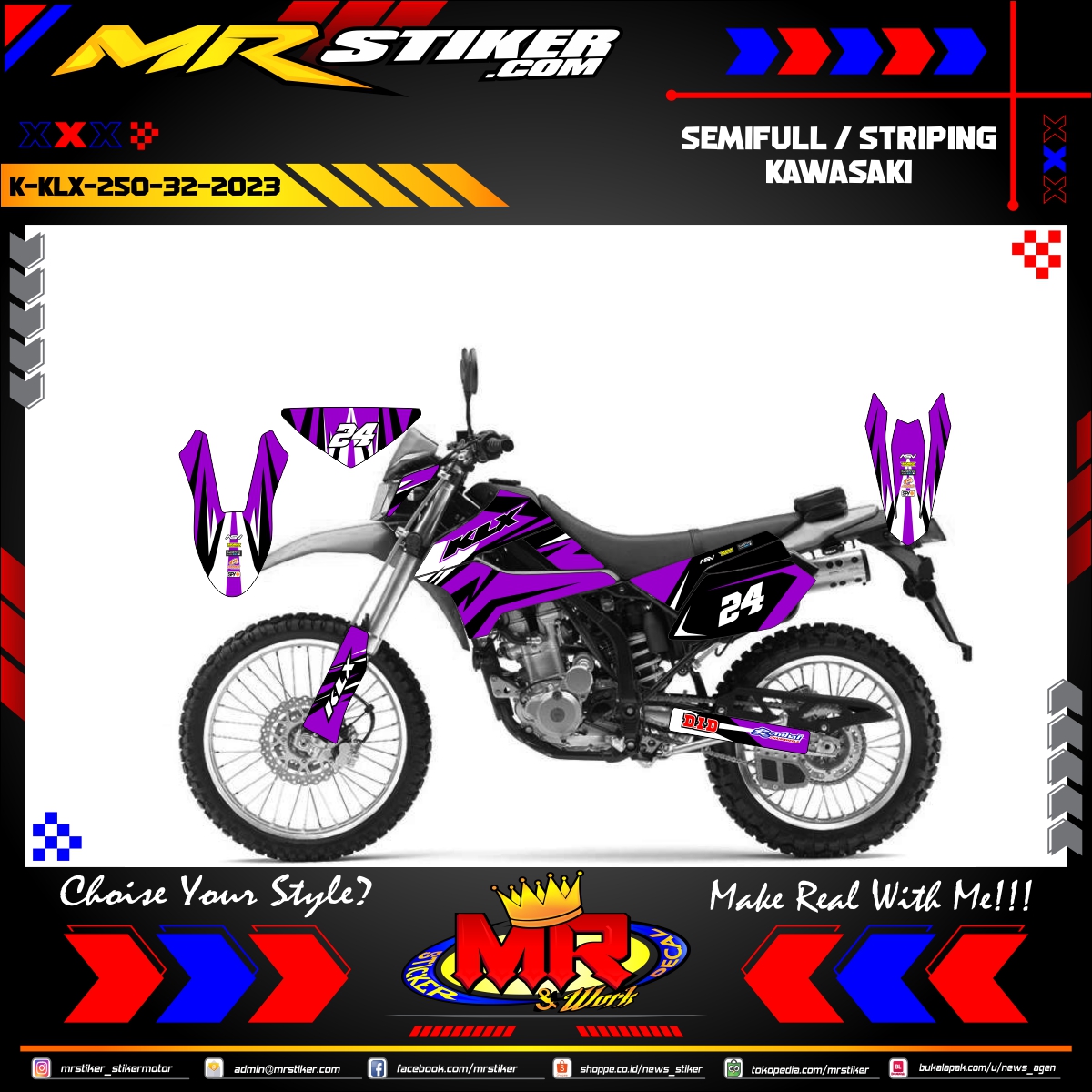 Stiker motor decal Kawasaki KLX 250 Graphic Purple Line Decal Elegan Grafis