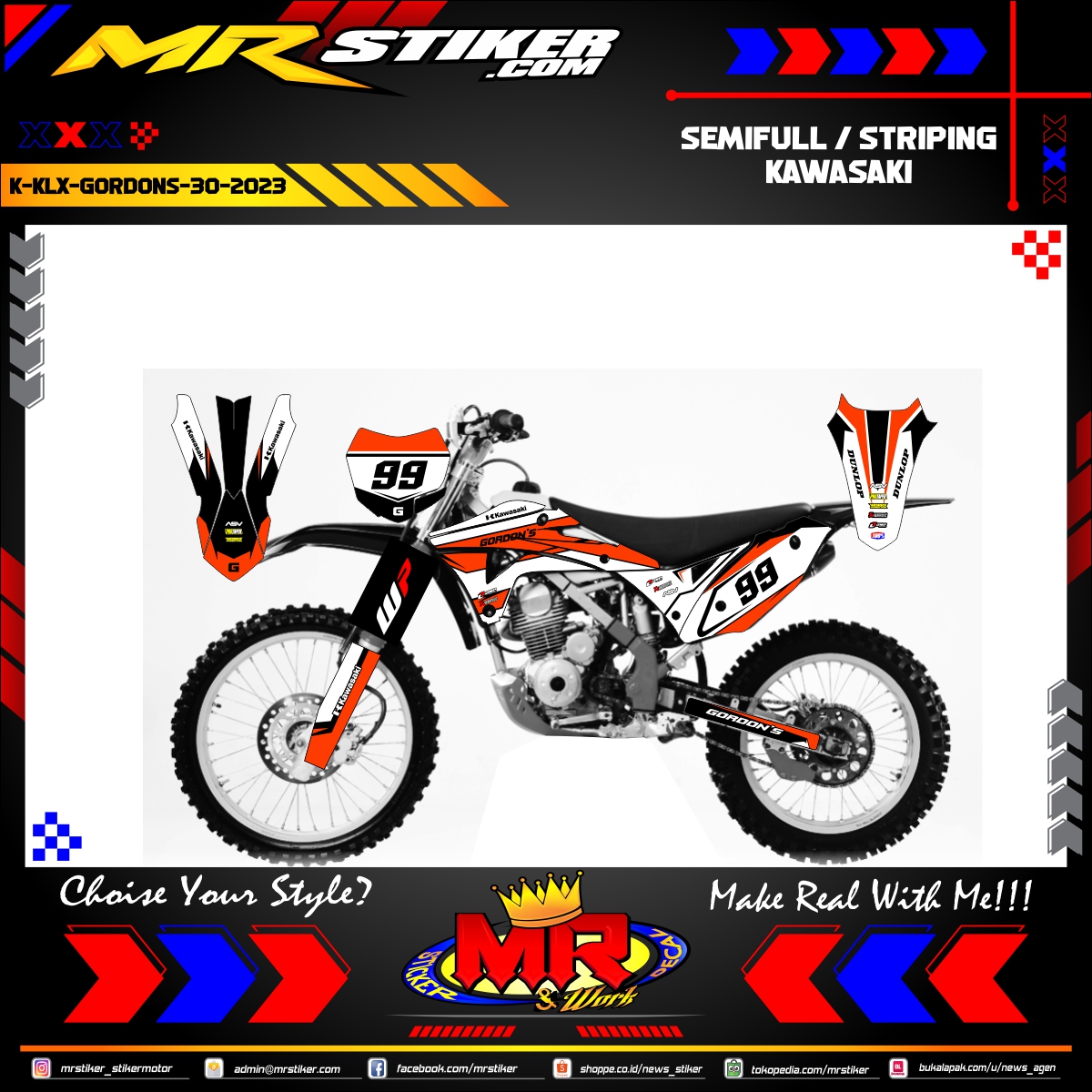 Stiker motor decal Kawasaki KLX GORDON White Orange Decal Cross Race Track