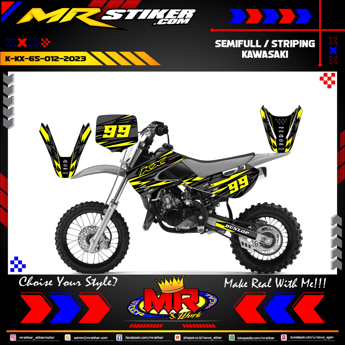 Stiker motor decal Kawasaki KX 65 Yellow Line Abstrak Graphic Grey Crack Wrap Motocross