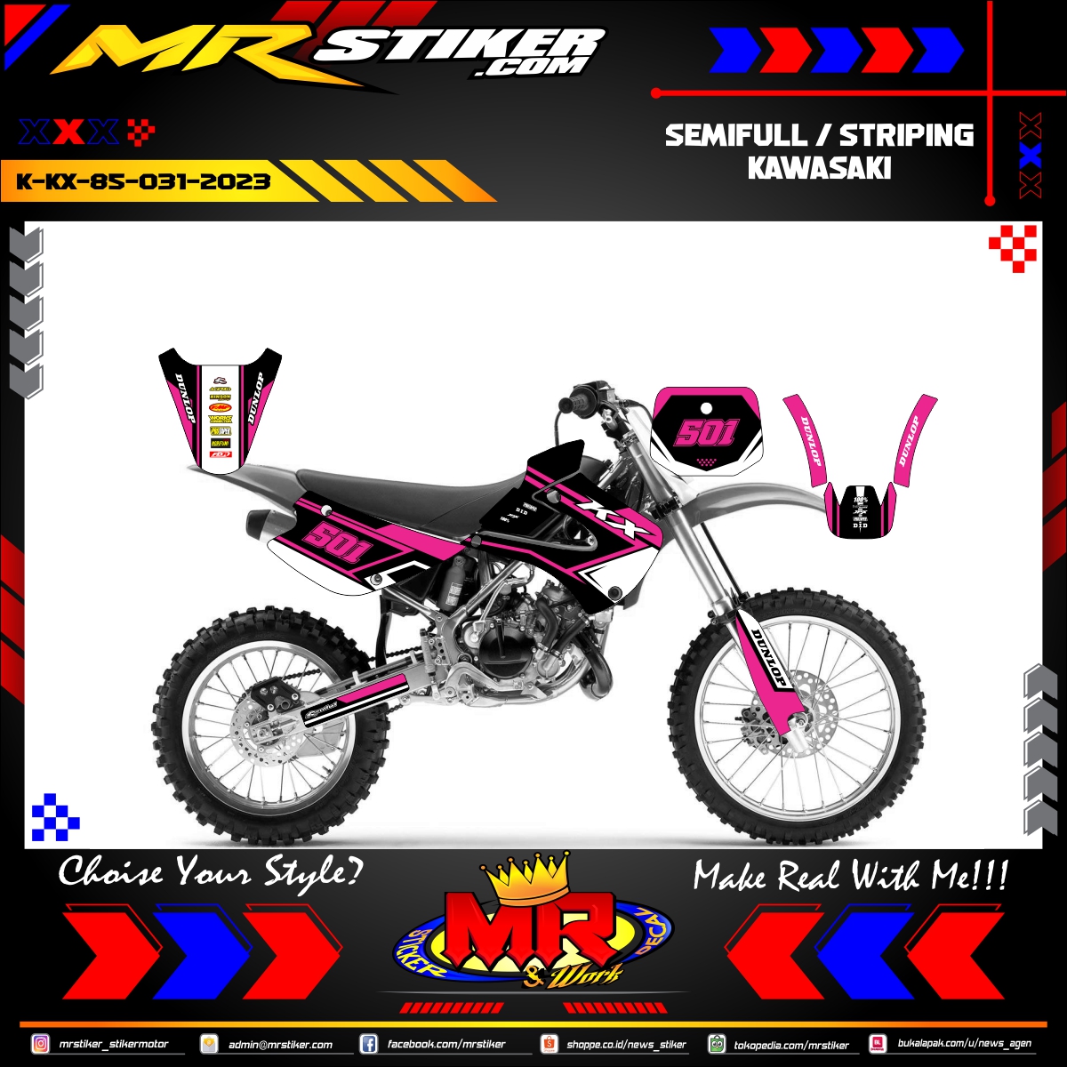 Stiker motor decal Kawasaki KX 85 Line Pink Minimalis Sport Tracker Decal