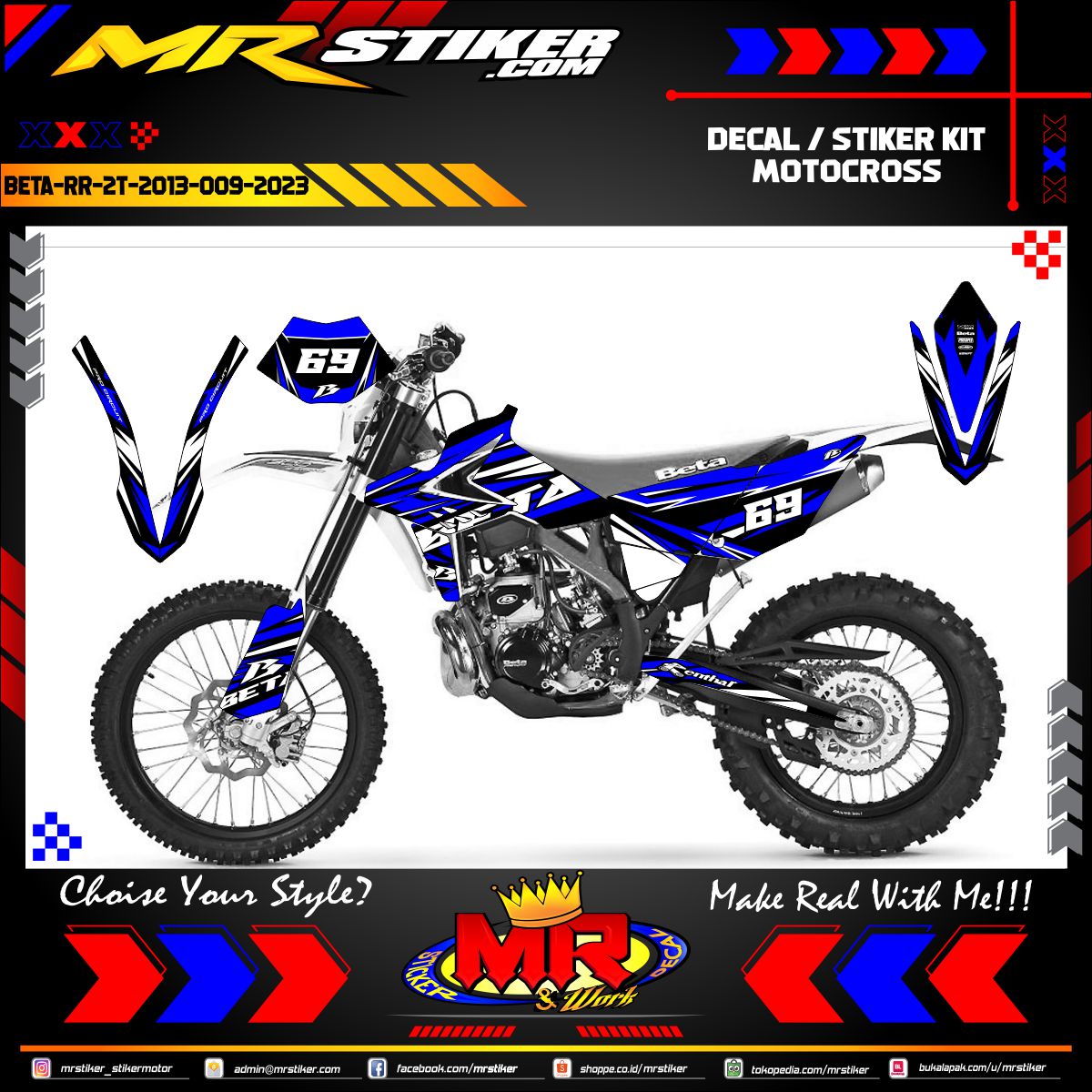 Stiker motor decal Motocross Beta RR 2T 2013 Blue Line Graphic Abstrack Trail Decal