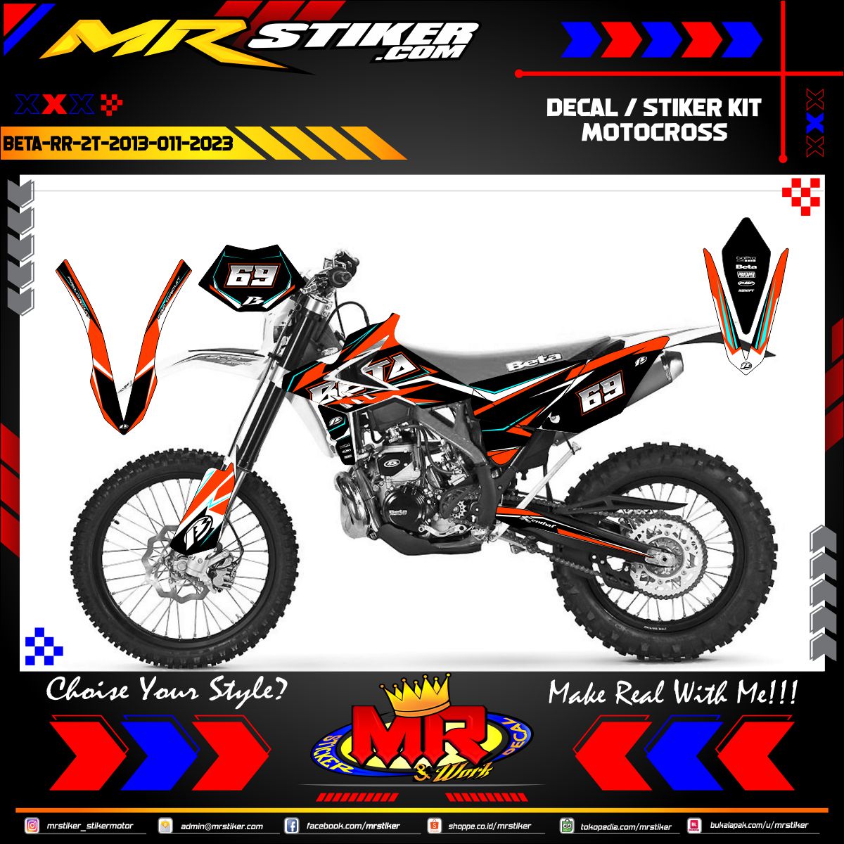 Stiker motor decal Motocross Beta RR 2T 2013 Orange Race Track Graphic Trail Wrap