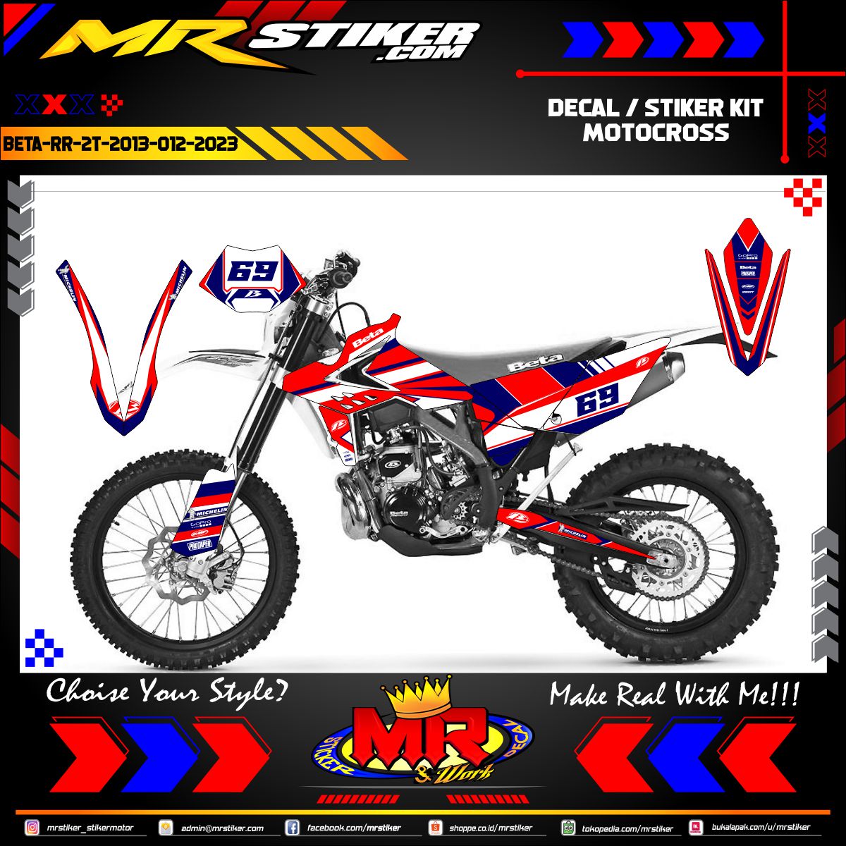 Stiker motor decal Motocross Beta RR 2T 2013 Red Blue Navy Line Cross Graphic Decal Kit