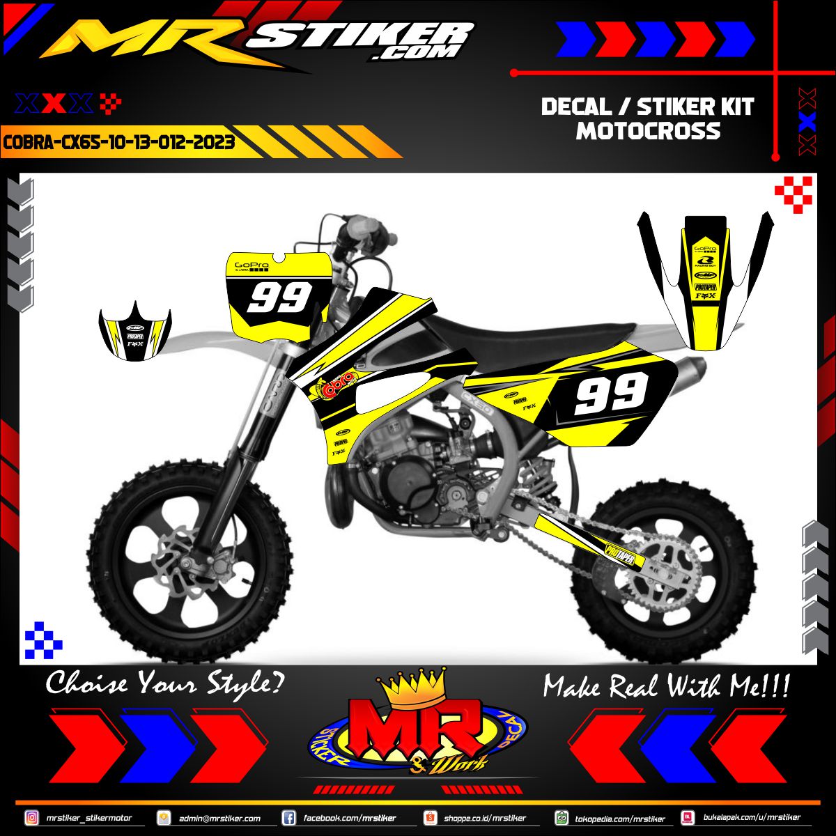 Stiker motor decal Motocross Cobra CX65 10-13 Grafis Line Yellow Motocross Variasi Custom Body Wrap