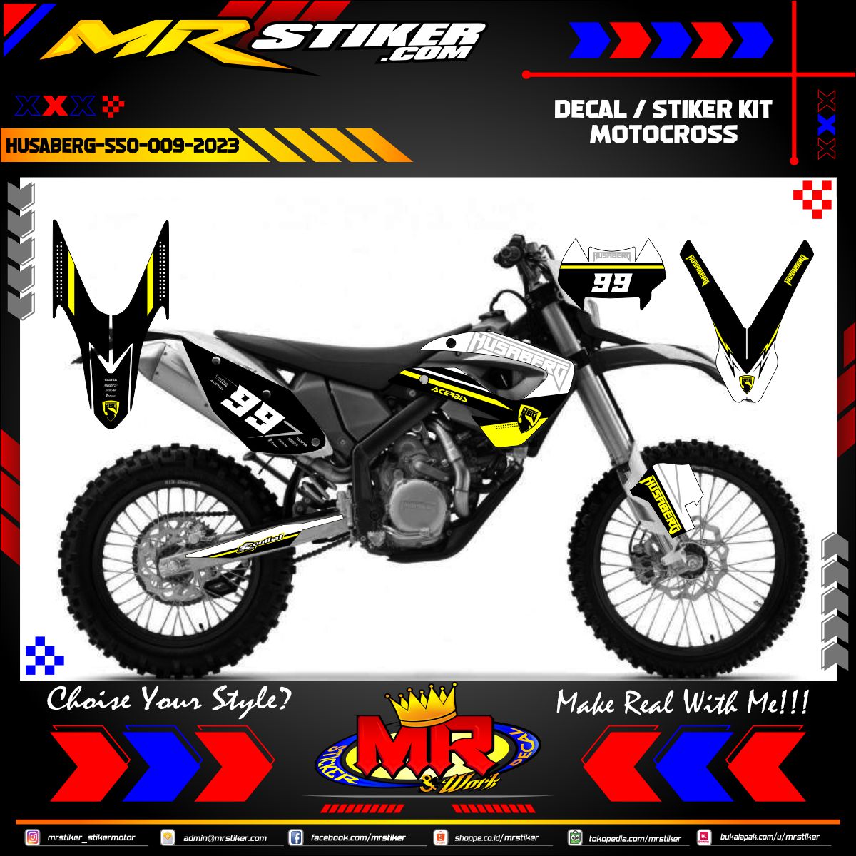 Stiker motor decal Motocross Husaberg 550 Yellow White Grafis Decal Kit