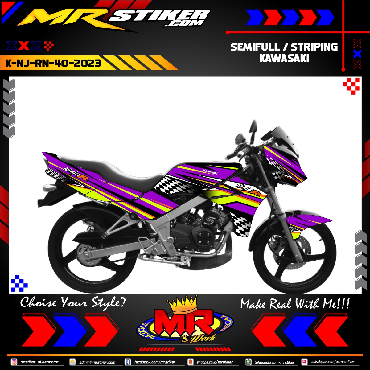 Stiker motor decal Kawasaki Ninja R New Purple Line Racing Sporty Race Flag Wrap