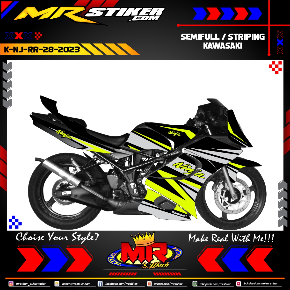 Stiker motor decal Kawasaki Ninja RR Racing Line Grafis Yellow Stabillo Grey Color Race Sporty