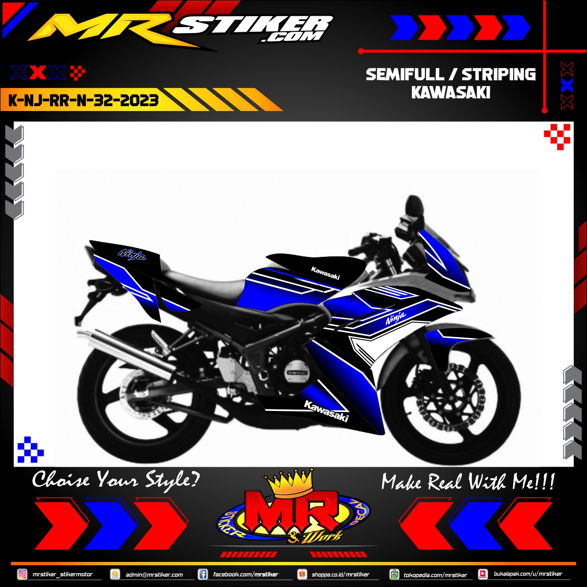 Stiker Motor Decal Kawasaki Ninja Rr New Blue Tech Sporty Racing Race