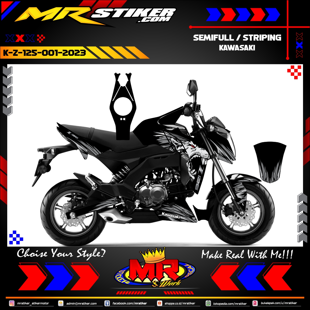 Stiker motor decal Kawasaki Z 125 Black White Wolf Graphic
