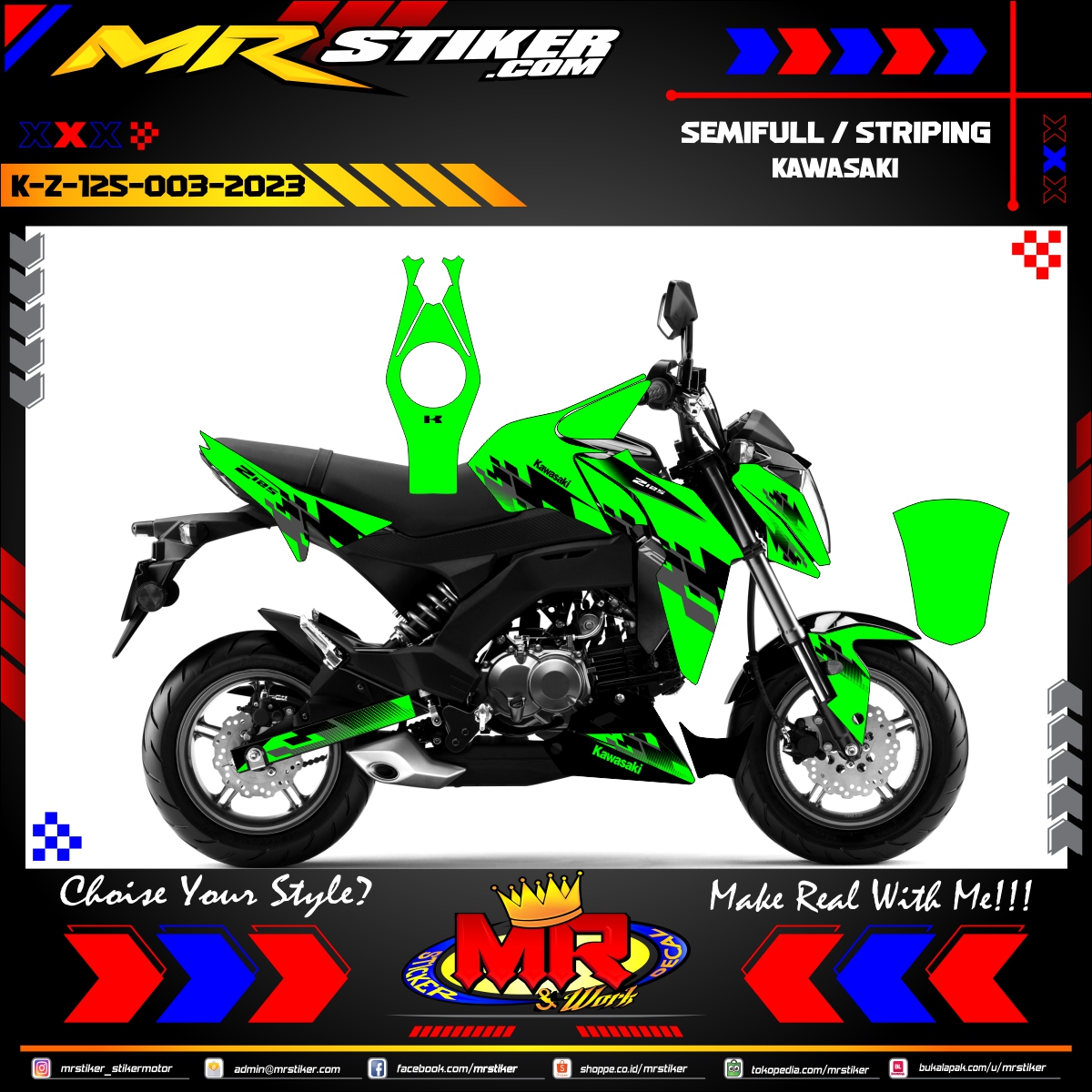 Stiker motor decal Kawasaki Z 125 Green Line Tech Flag Race Sporty Graphic 