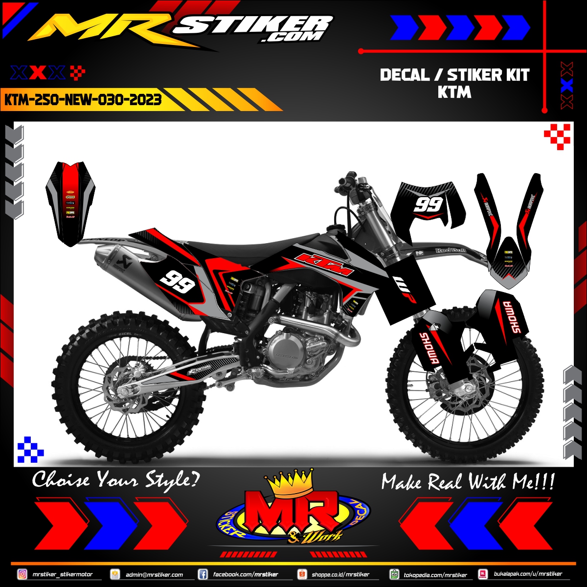 Stiker motor decal KTM 250 New Race Decal Red Grey Motocross Graphic