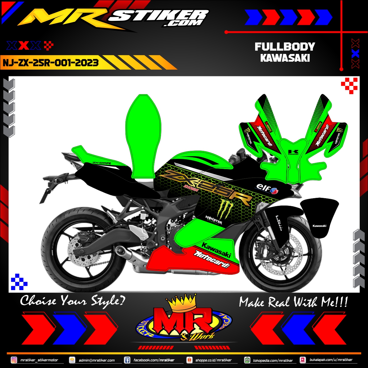 Stiker motor decal Kawasaki ZX 25R Green Line Racing Sporty Graphic Carbon FullBody