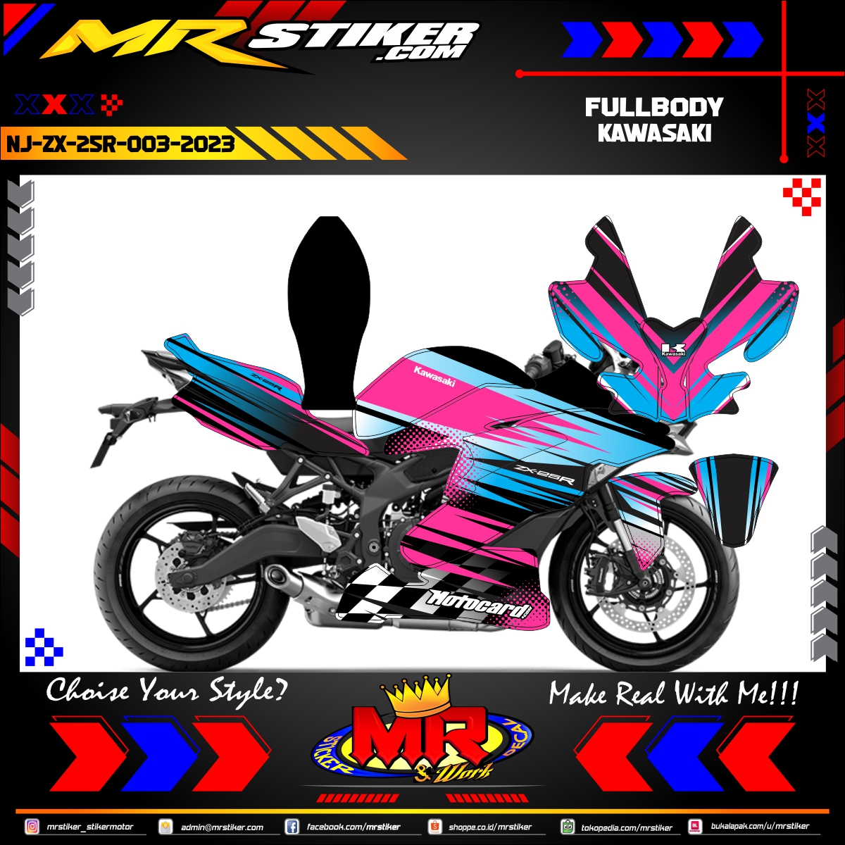 Stiker motor decal Kawasaki ZX 25R Pink Line Blue Racing Flag Grafis Fullbody