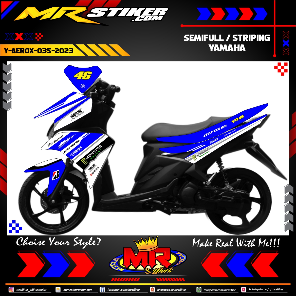Stiker motor decal Yamaha Aerox Blue Spesial Yamaha RevsyourHeart Edition
