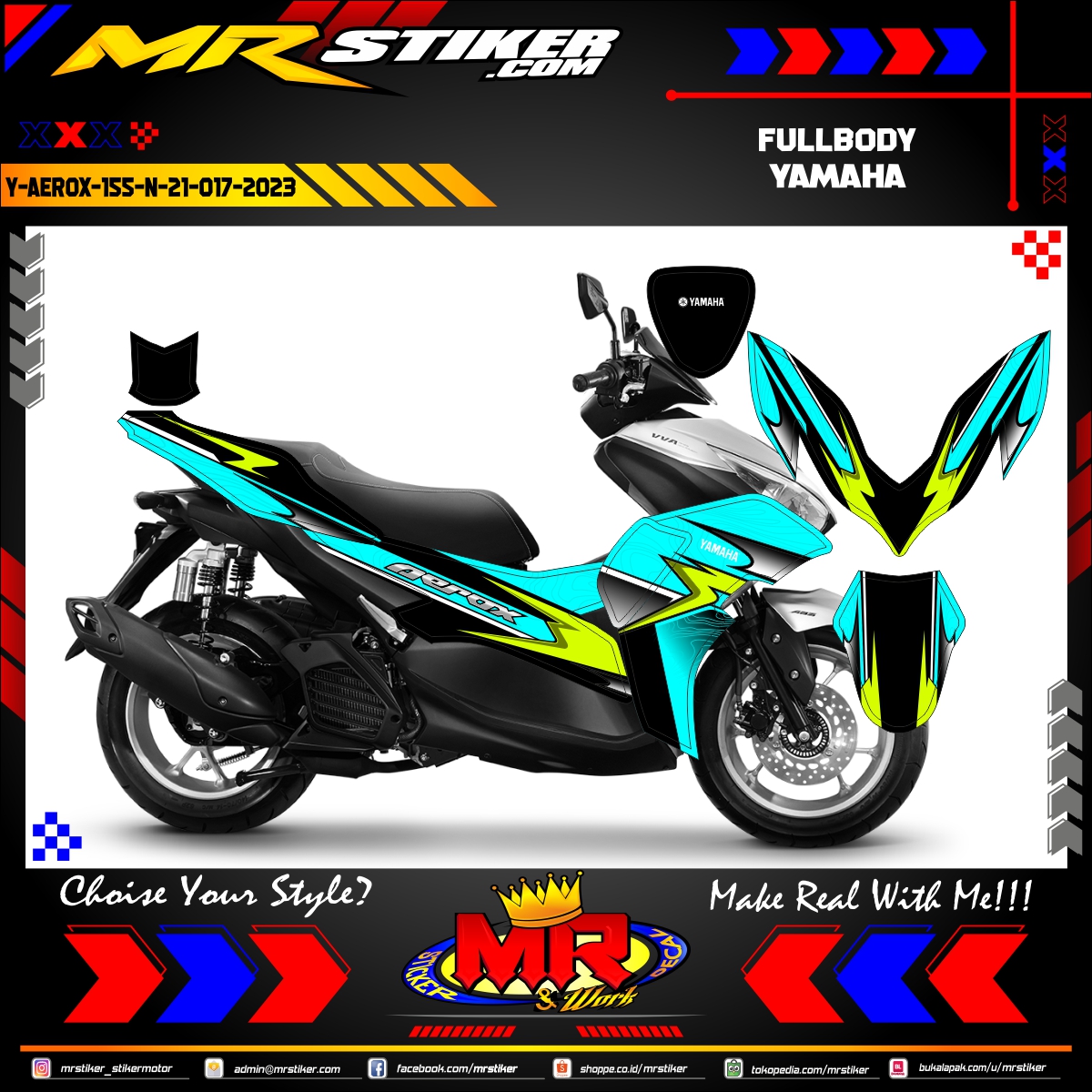 Stiker motor decal Yamaha Aerox 155 New 2021 Sporty Grafis Tosca Line Lime Color (FULLBODY)