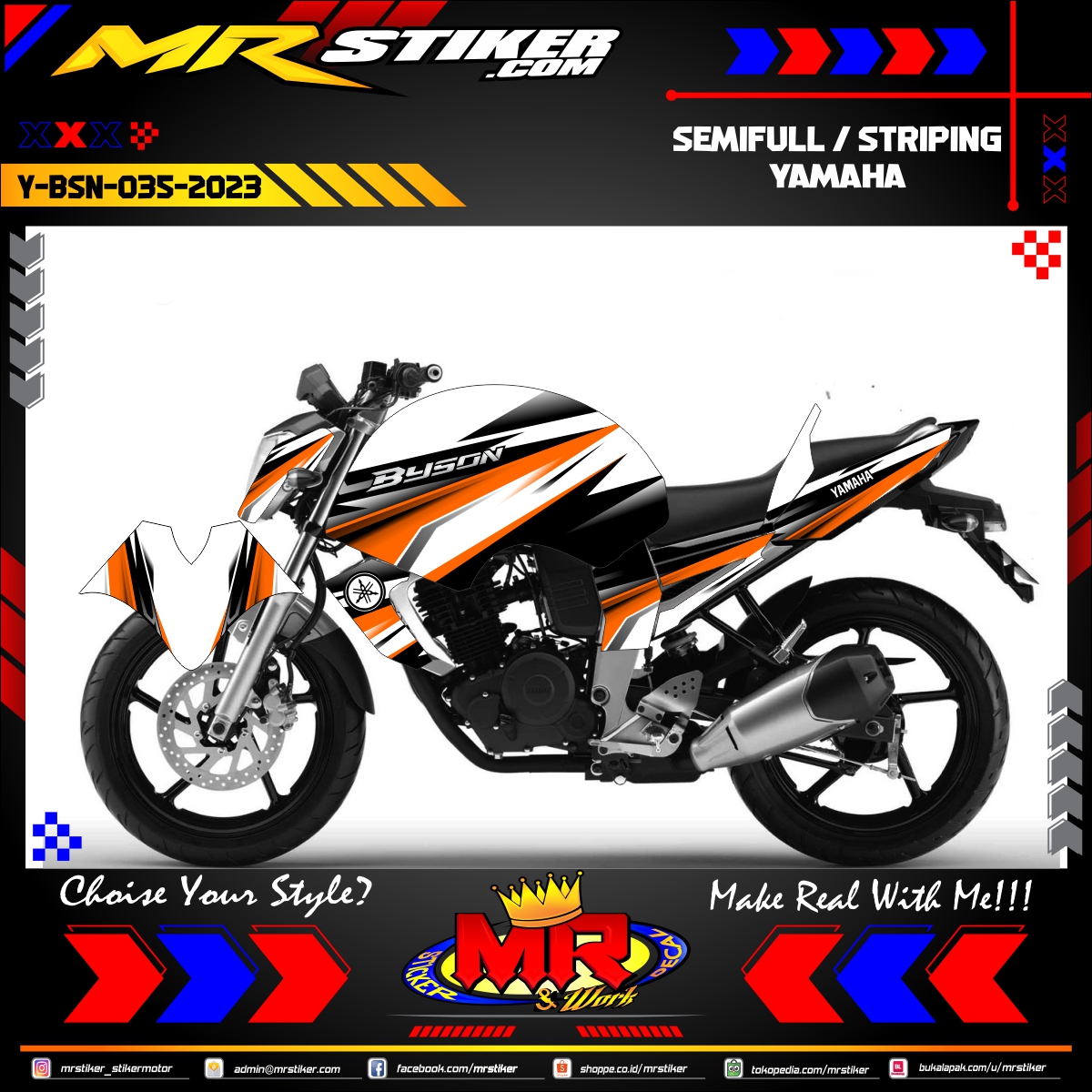 Stiker motor decal Yamaha Byson White Orange Grafis Race Sport Line