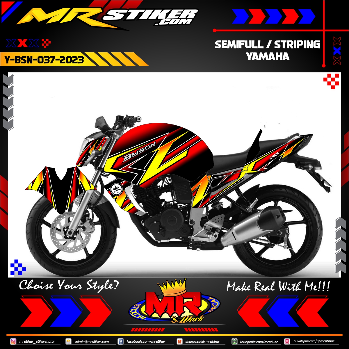Stiker motor decal Yamaha Byson Red Graphic Techno Line Yellow Graphic 