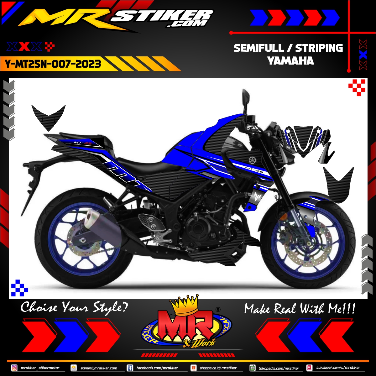 Stiker motor decal Yamaha MT 25 New Blue Sporty Line Road Race Graphic