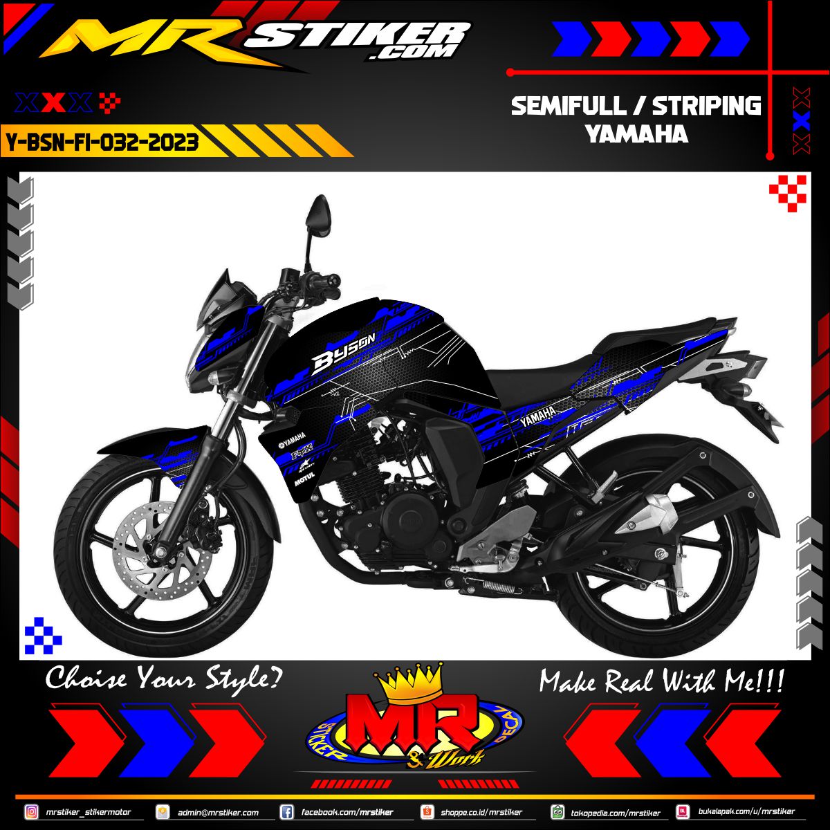 Stiker motor decal Yamaha Byson New Blue Techno Graphic Carbon Mecha Race