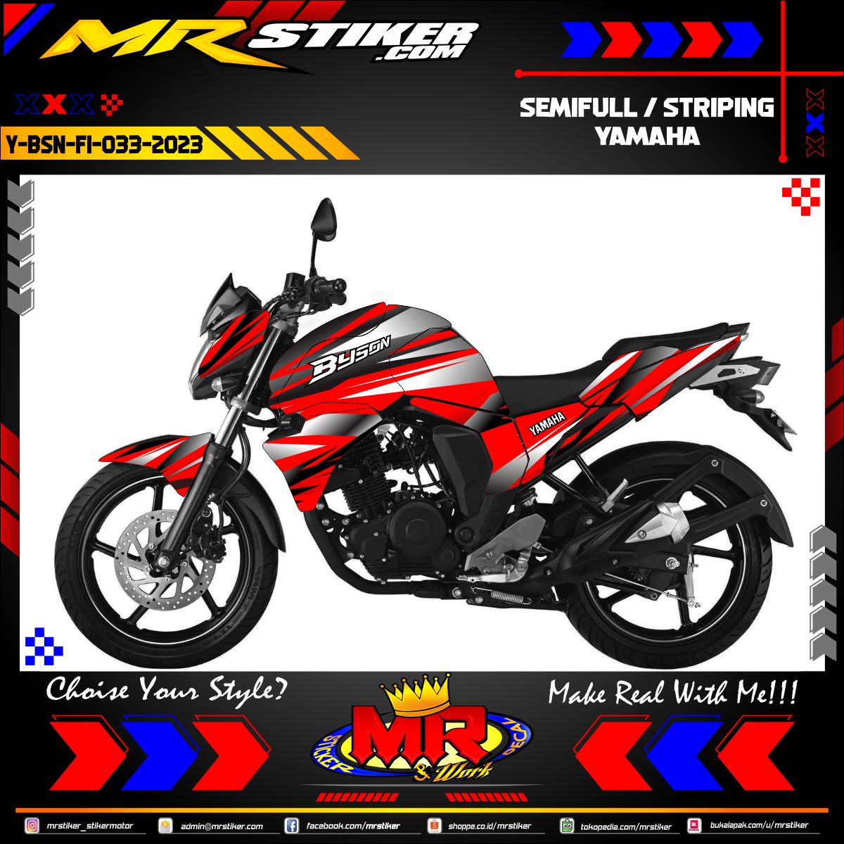Stiker motor decal Yamaha Byson New Red Graphic Silver Line Sporty